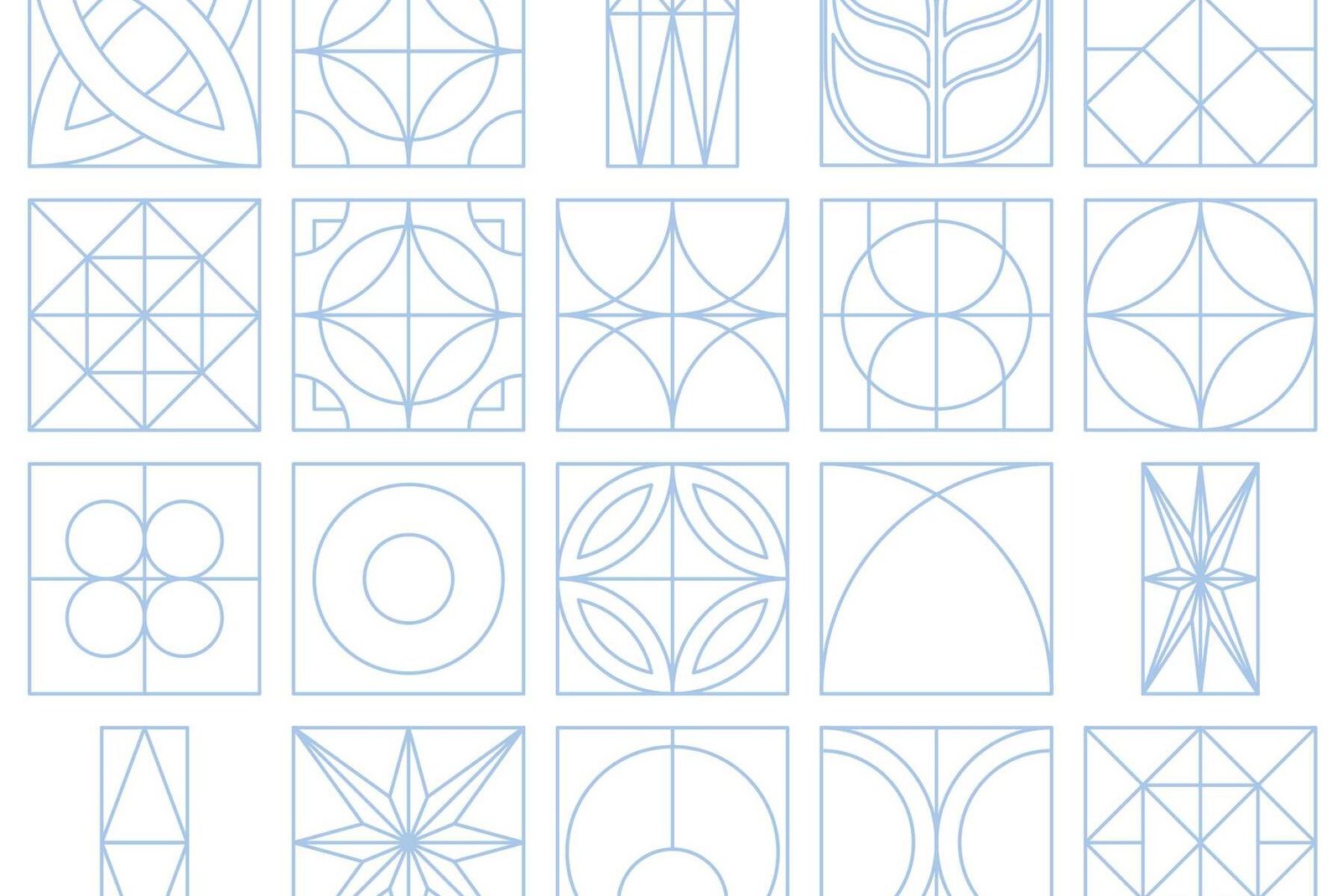Selección de los diseños más representativos de piezas geométricas modulares empleadas por Emilio García Ortiz en sus intervenciones.